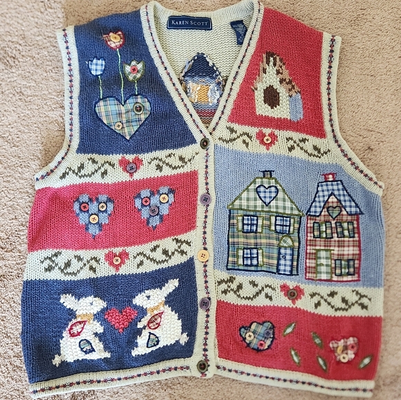 Karen Scott Sweaters - vtg Karen Scott sweater vest rabbits hearts kitschy cottage boho Birdhouse Med